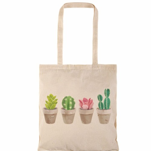Τσάντα αγοράς ( NATURAL) με μακριά χερούλια with cactus