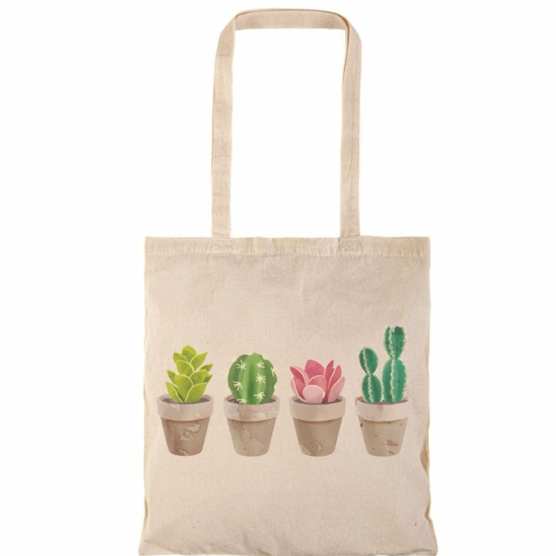 Τσάντα αγοράς ( NATURAL) με μακριά χερούλια with cactus