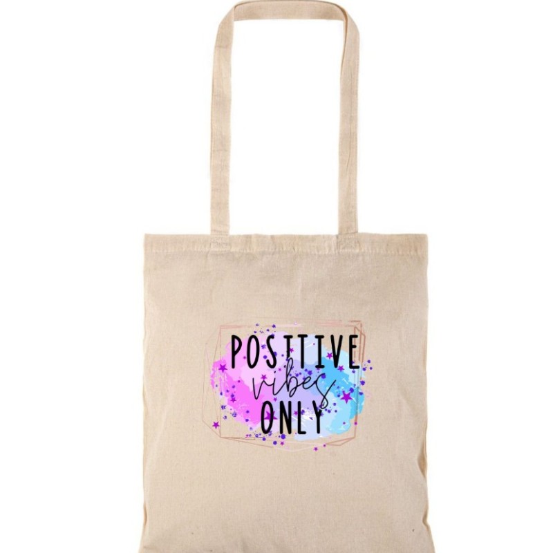 Τσάντα αγοράς ( NATURAL) με μακριά χερούλια  POSITIVE VIBES ONLY
