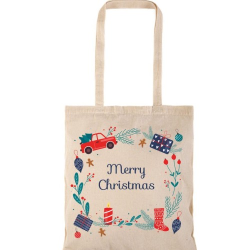 Τσάντα αγοράς ( NATURAL) με μακριά χερούλια MERRY CHRISTMAS
