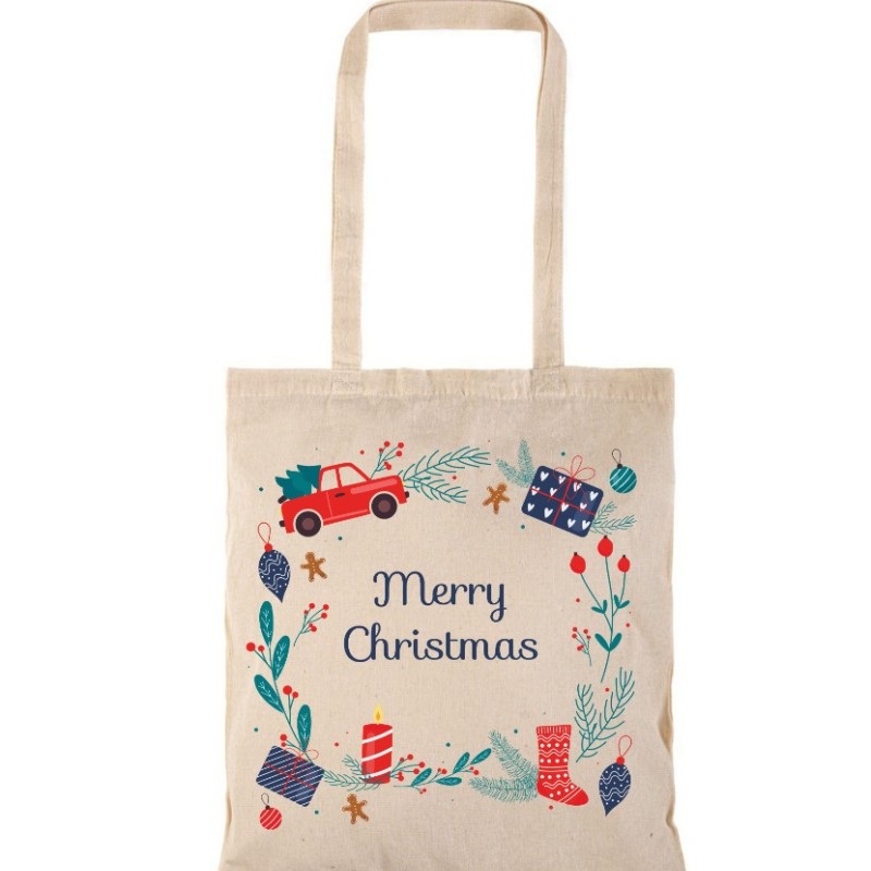Τσάντα αγοράς ( NATURAL) με μακριά χερούλια MERRY CHRISTMAS