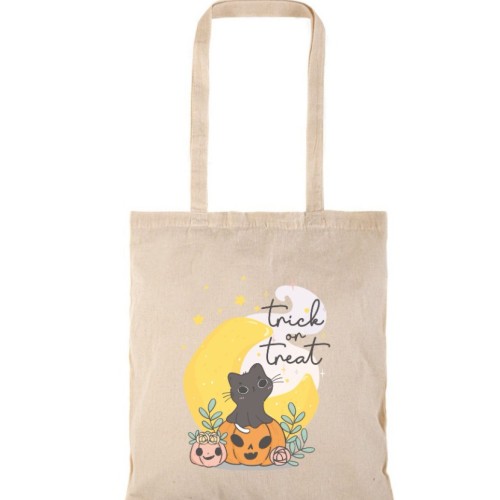 Τσάντα αγοράς ( NATURAL) με μακριά χερούλια CUTE CAT HALLOWEN