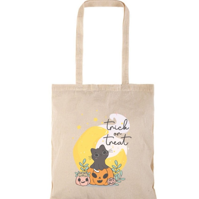Τσάντα αγοράς ( NATURAL) με μακριά χερούλια CUTE CAT HALLOWEN