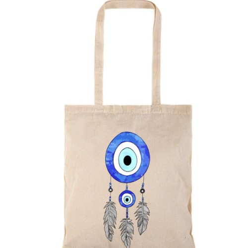 Τσάντα αγοράς ( NATURAL) με μακριά χερούλια EVIL EYE BEAD