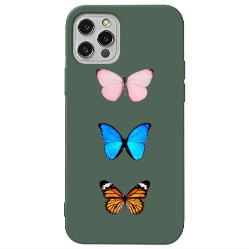 Apple iPhone 12 Pro Triple Butterfly Dark Green Colored Silicone TPU Θήκη