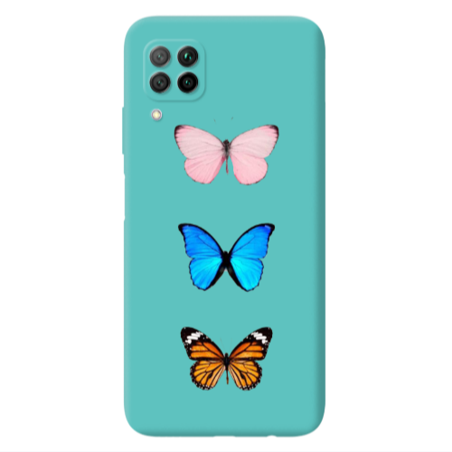 Huawei P40 Lite Triple Butterfly Turquoise Colored Silicone TPU Θήκη