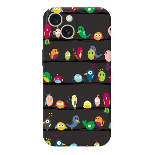 Apple iPhone 15 birds Black Colored Silicone TPU Θήκη