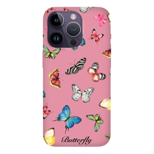 Apple iPhone 14 Pro Max Mixed Butterflys Pink Colored Silicone TPU Θήκη
