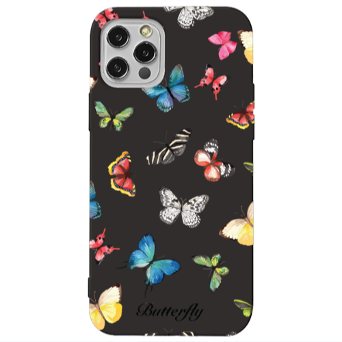Apple iPhone 12 Pro Mixed Butterflys Black Colored Silicone TPU Θήκη