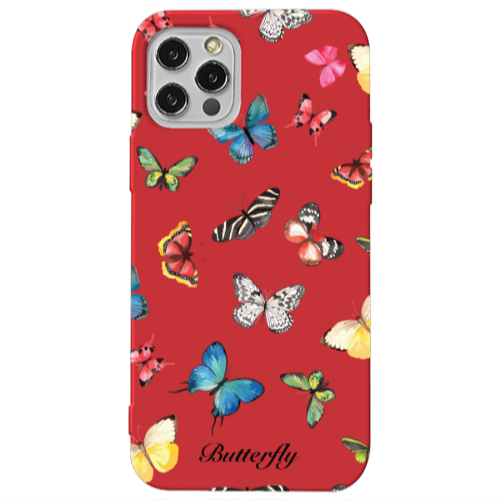Apple iPhone 12 Pro Mixed Butterflys Red Colored Silicone TPU Θήκη