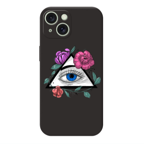 Apple iPhone 15 Eye and flower Black Colored Silicone TPU Θήκη