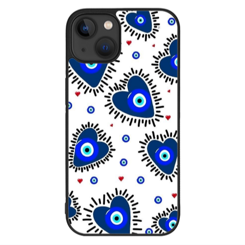 Apple iPhone 13 Mini Heart evil eye beads Black Glossy Θήκη