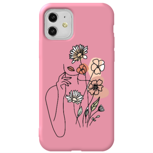 Apple iPhone 11  Lady with Flowers Pink Colored Silicone TPU Θήκη