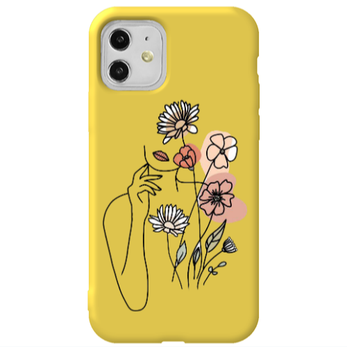 Apple iPhone 11  Lady with Flowers Yellow Colored Silicone TPU Θήκη