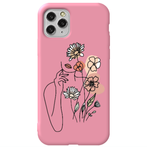 Apple iPhone 11 Pro Lady with Flowers Pink Colored Silicone TPU Θήκη