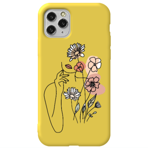 Apple iPhone 11 Pro Lady with Flowers Yellow Colored Silicone TPU Θήκη