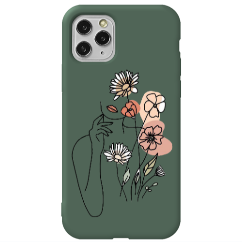 Apple iPhone 11 Pro Lady with Flowers Dark Green Colored Silicone TPU Θήκη