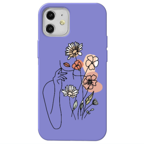 Apple iPhone 12 Lady with Flowers Purple Colored Silicone TPU Θήκη