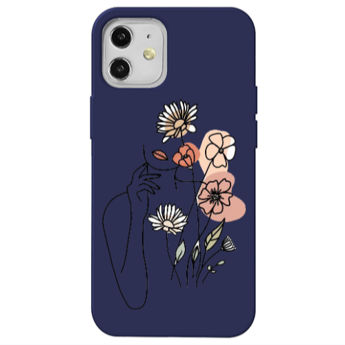 Apple iPhone 12 Lady with Flowers Dark blue Colored Silicone TPU Θήκη