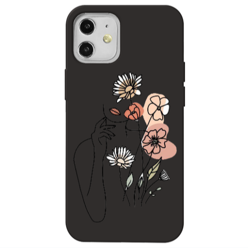 Apple iPhone 12 Lady with Flowers Black Colored Silicone TPU Θήκη