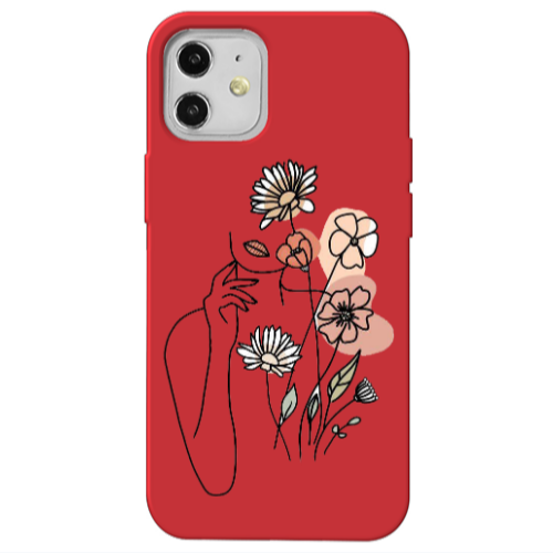 Apple iPhone 12 Lady with Flowers Red Colored Silicone TPU Θήκη