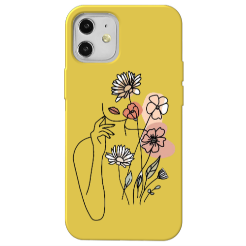 Apple iPhone 12 Lady with Flowers Yellow Colored Silicone TPU Θήκη