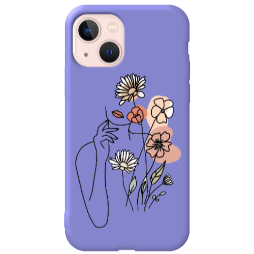 Apple iPhone 13 Lady with Flowers Purple Colored Silicone TPU Θήκη