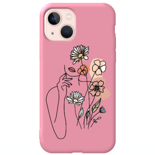 Apple iPhone 13 Lady with Flowers Pink Colored Silicone TPU Θήκη