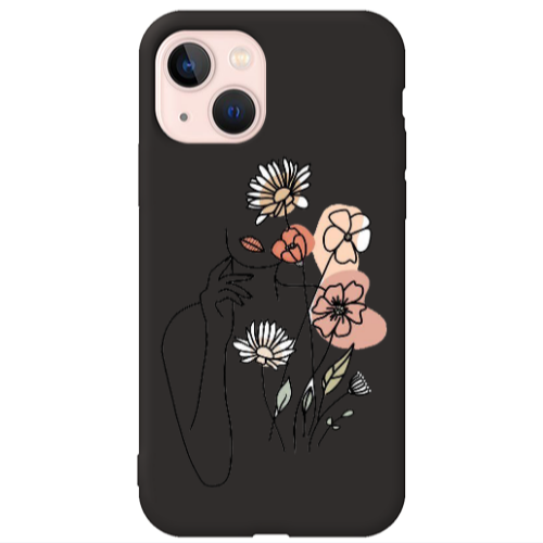 Apple iPhone 13 Lady with Flowers Black Colored Silicone TPU Θήκη