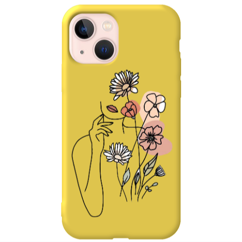 Apple iPhone 13 Lady with Flowers Yellow Colored Silicone TPU Θήκη