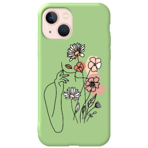 Apple iPhone 13 Lady with Flowers Light Green Colored Silicone TPU Θήκη