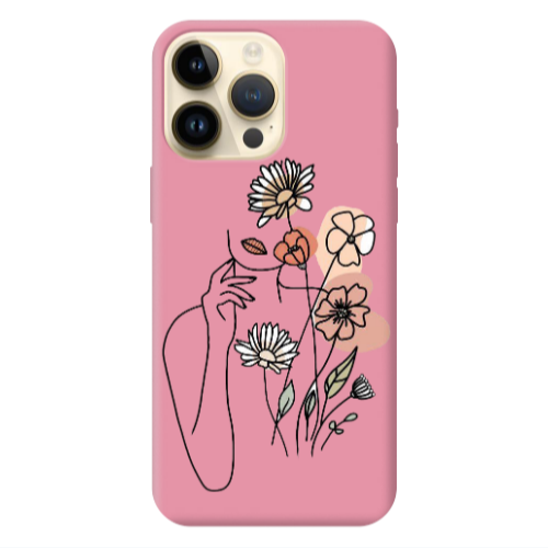 Apple iPhone 13 Pro Max Lady with Flowers Pink Colored Silicone TPU Θήκη