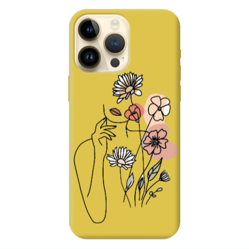 Apple iPhone 13 Pro Max Lady with Flowers Yellow Colored Silicone TPU Θήκη