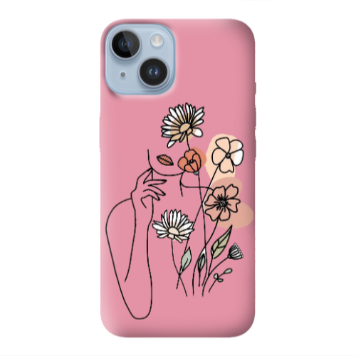 Apple iPhone 14 Plus Lady with Flowers Pink Colored Silicone TPU Θήκη