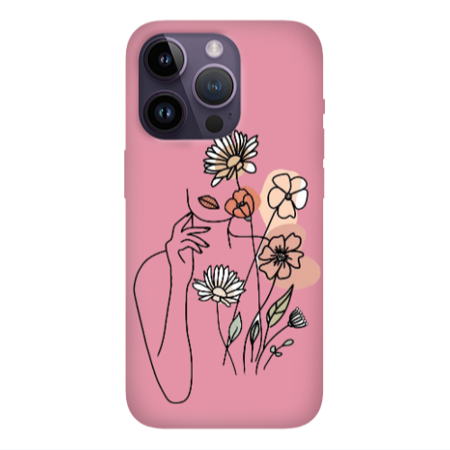 Apple iPhone 14 Pro Max Lady with Flowers Pink Colored Silicone TPU Θήκη