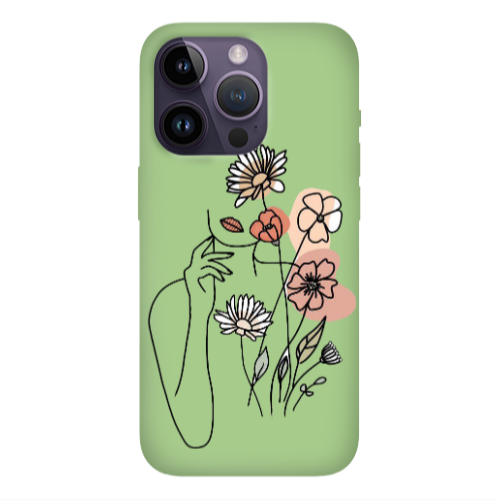 Apple iPhone 14 Pro Max Lady with Flowers Light Green Colored Silicone TPU Θήκη