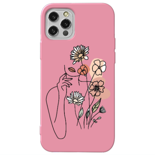 Apple iPhone 13 Pro Lady with Flowers Pink Colored Silicone TPU Θήκη