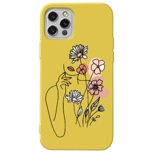 Apple iPhone 13 Pro Lady with Flowers Yellow Colored Silicone TPU Θήκη
