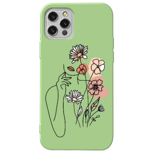 Apple iPhone 12 Pro Lady with Flowers Light Green Colored Silicone TPU Θήκη