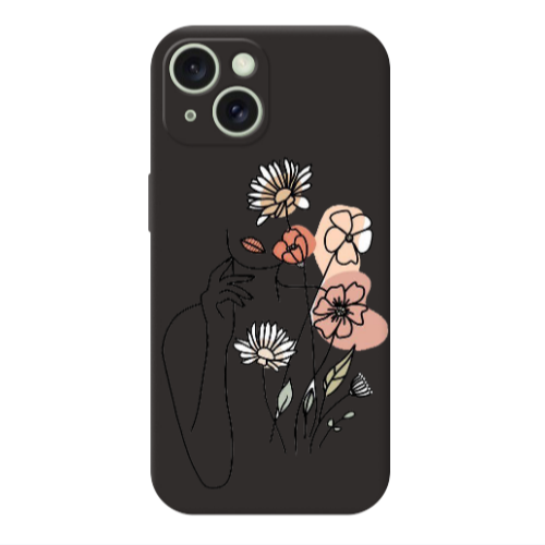 Apple iPhone 15 Lady with Flowers Black Colored Silicone TPU Θήκη