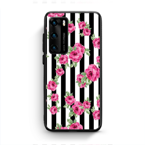 Huawei P40 Roses and black line Black Glossy Θήκη
