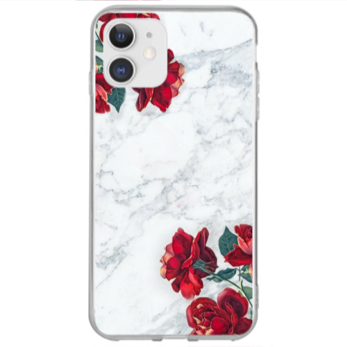 Apple iPhone 12 red roses marble Transparent Silicone TPU Θήκη