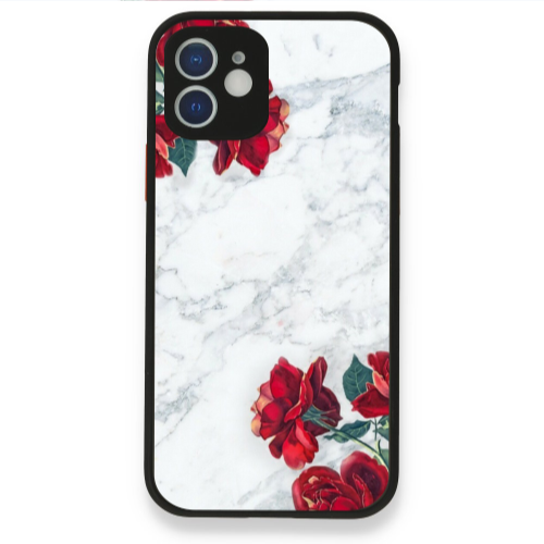 Apple iPhone 12 red roses marble Black Glossy Θήκη