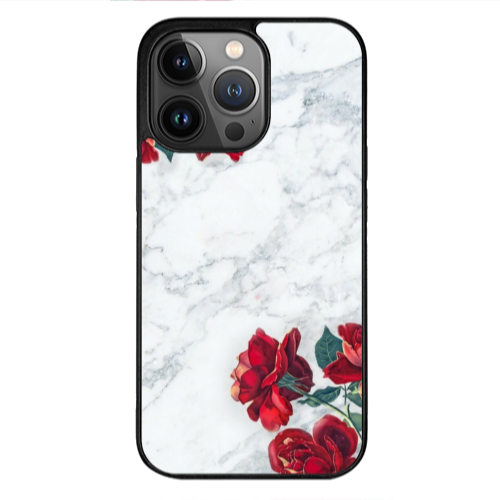Apple iPhone 13 Pro Max red roses marble Black Glossy Θήκη
