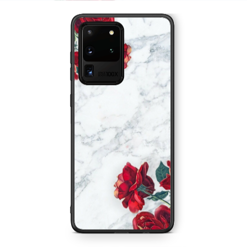 Samsung S20 Ultra red roses marble Black Glossy Θήκη