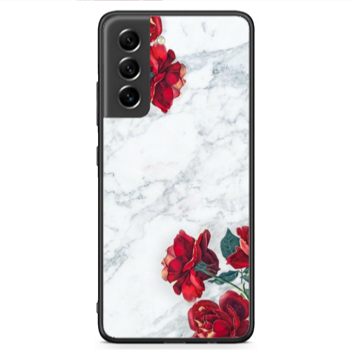 Samsung S21 FE red roses marble Black Glossy Θήκη