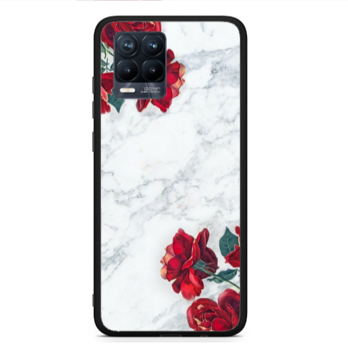 Realme 8  red roses marble Black Glossy Θήκη