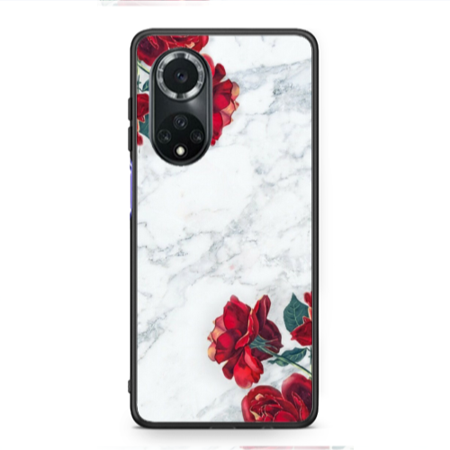 Huawei Nova 9 red roses marble Black Glossy Θήκη