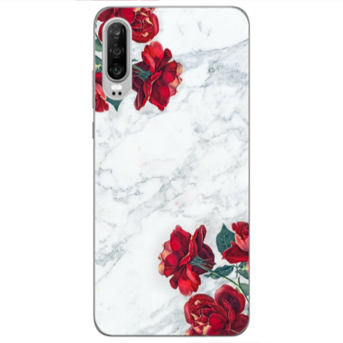 Huawei P30 red roses marble Transparent Silicone TPU Θήκη