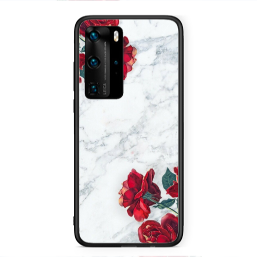 Huawei P40 Pro red roses marble Black Glossy Θήκη